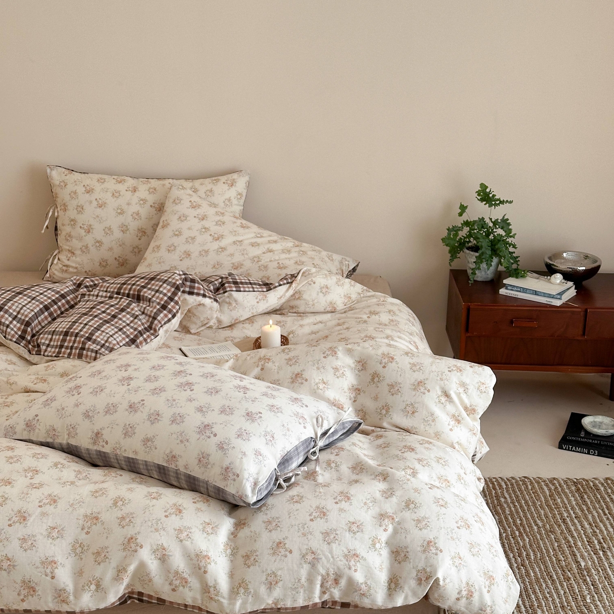 91家纺网 家纺一手货源 找家纺 旷野 2026新款简约精致全棉纯棉水洗棉四件套-松间花信系列 松间花信-奶杏棕