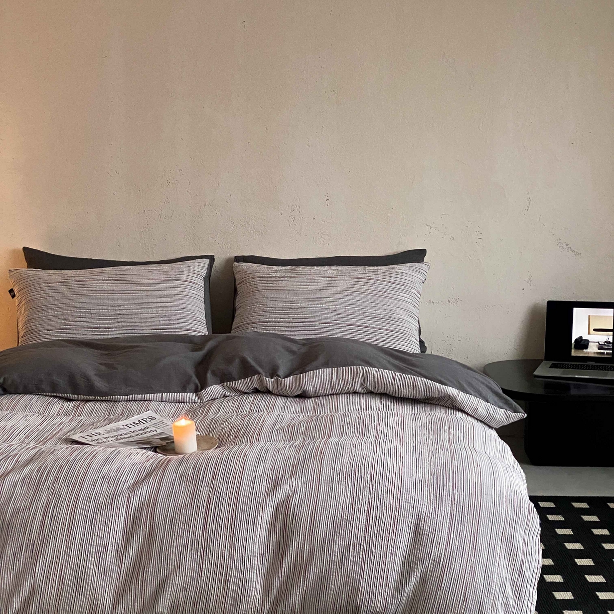 91家纺网 家纺一手货源 找家纺 旷野 2026新款棉麻侘寂风肌理感提花四件套-森川 森川-黑