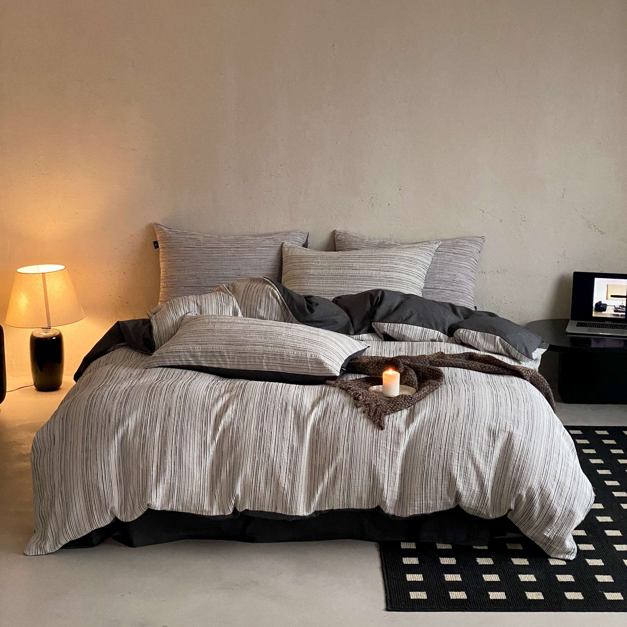 旷野 2026新款棉麻侘寂风肌理感提花四件套-森川 森川-黑