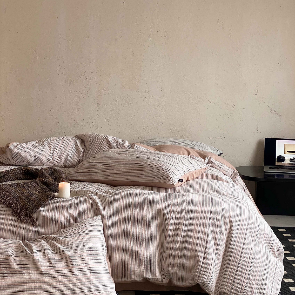 91家纺网 家纺一手货源 找家纺 旷野 2026新款棉麻侘寂风肌理感提花四件套-森川 森川-粉