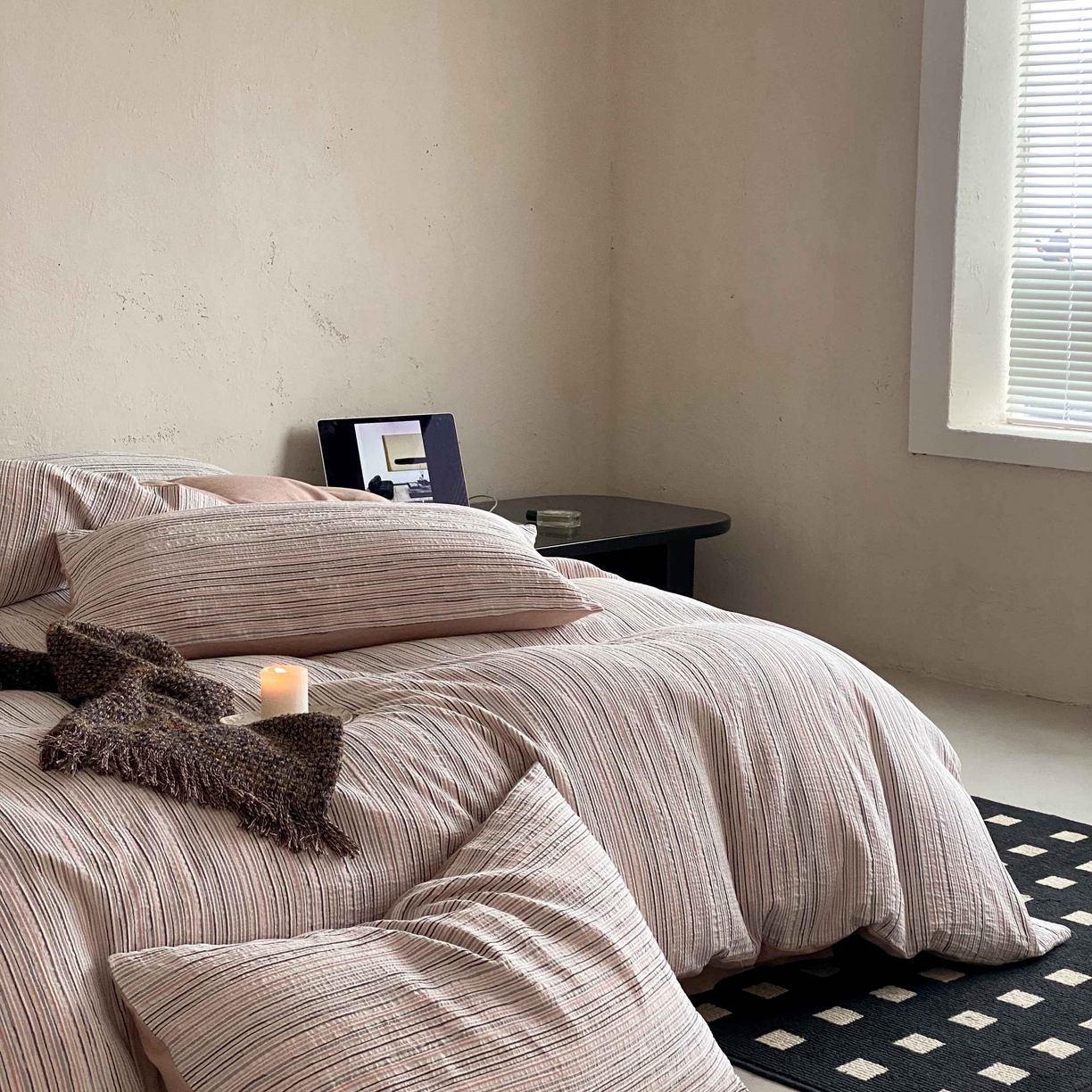 91家纺网 家纺一手货源 找家纺 旷野 2026新款棉麻侘寂风肌理感提花四件套-森川 森川-粉