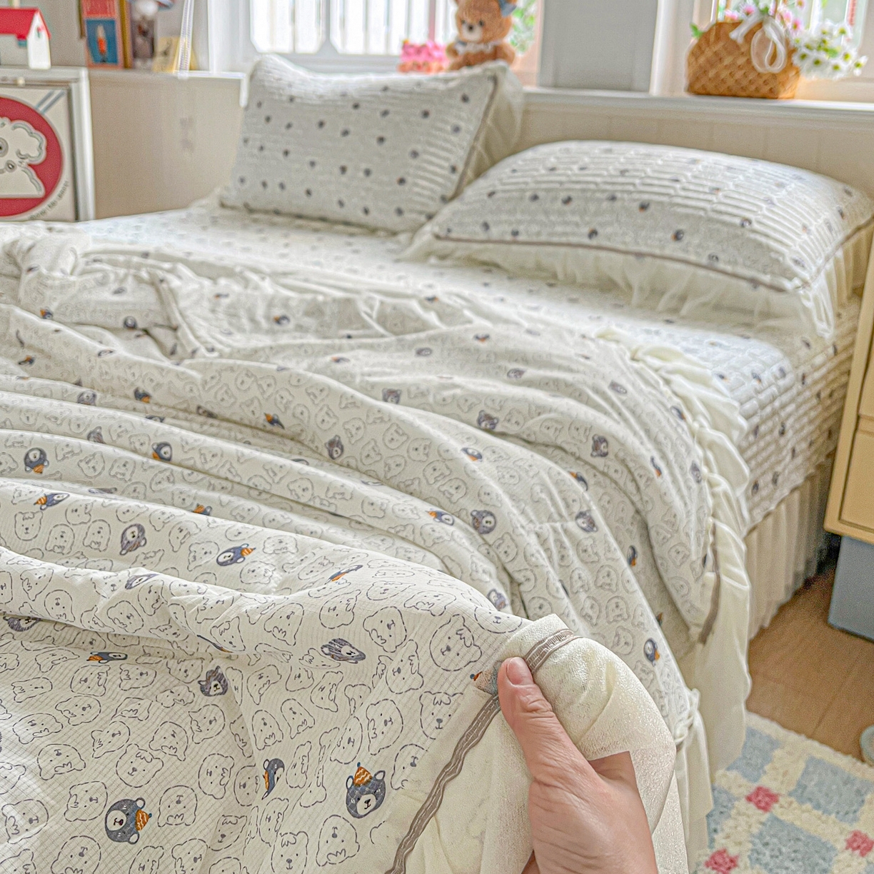 91家纺网 家纺一手货源 找家纺 富米莱单品馆 2026新款高奢维密花边冰肤格凉感夏凉被床盖夏被四件套 夏被床盖-萌宠集