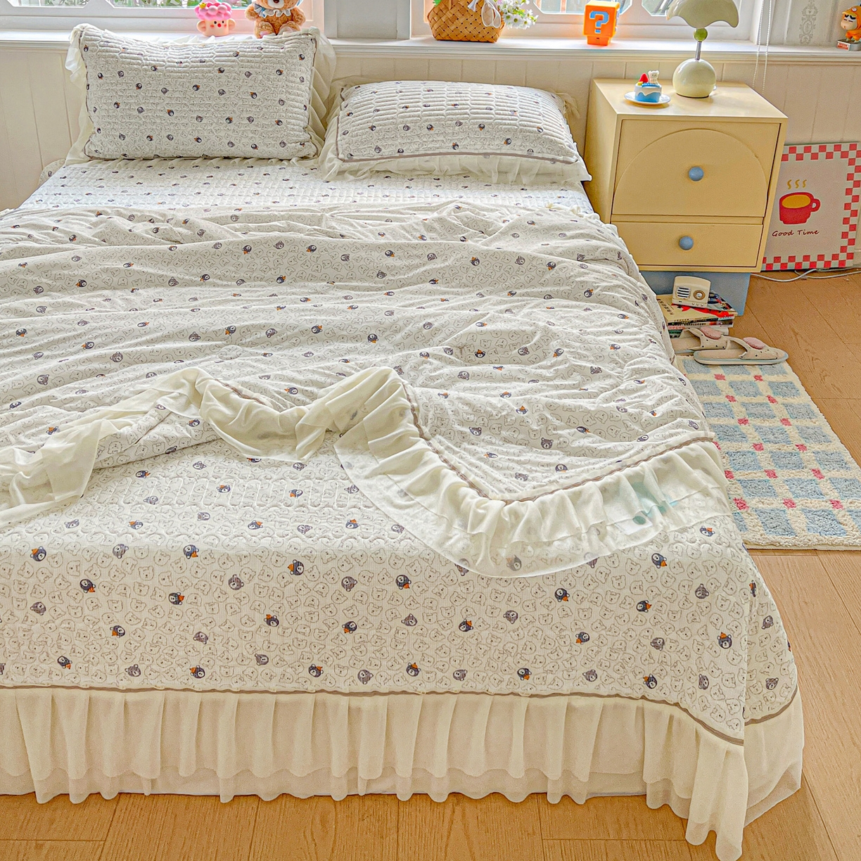 91家纺网 家纺一手货源 找家纺 富米莱单品馆 2026新款高奢维密花边冰肤格凉感夏凉被床盖夏被四件套 夏被床盖-萌宠集