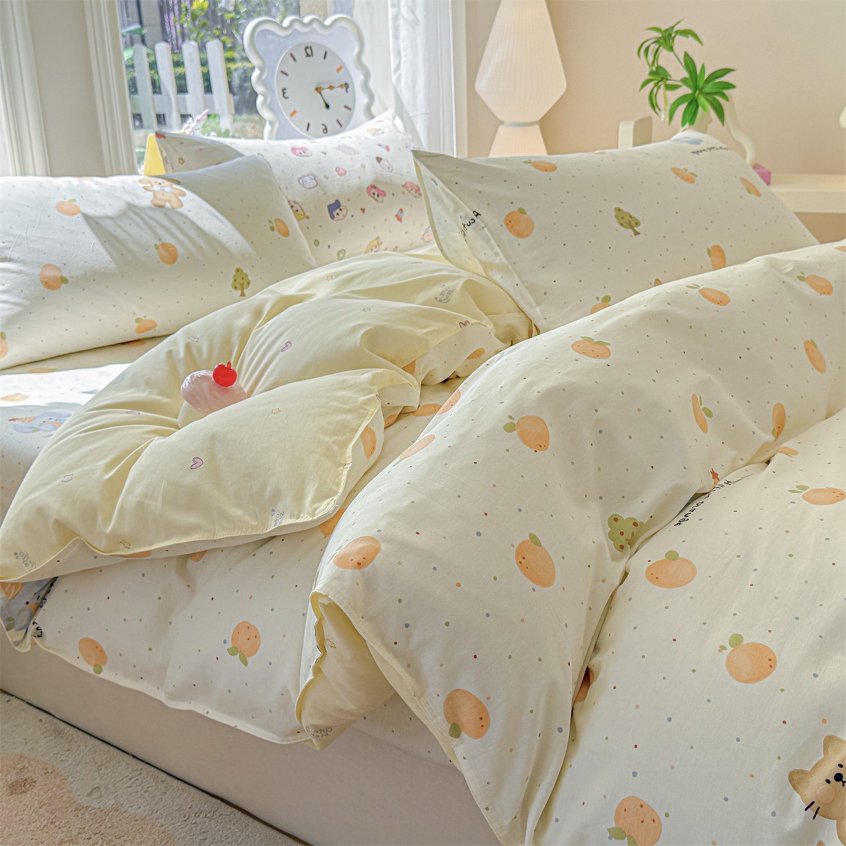 91家纺网 家纺一手货源 找家纺 女子家纺 2026新款全棉印花四件套系列 橘子象宝