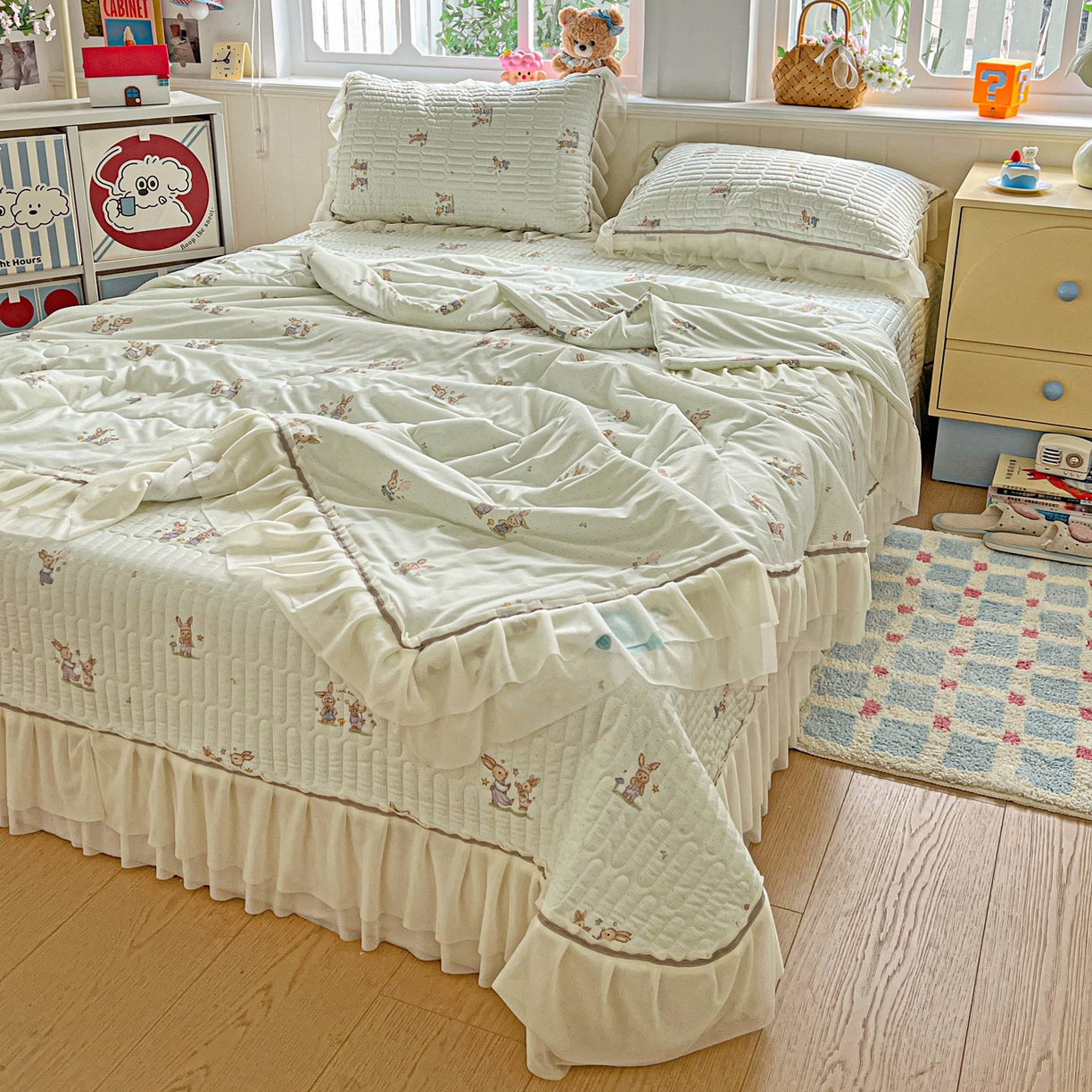 91家纺网 家纺一手货源 找家纺 富米莱单品馆 2026新款高奢维密花边冰肤格凉感夏凉被床盖夏被四件套 夏被床盖-青屿小兔