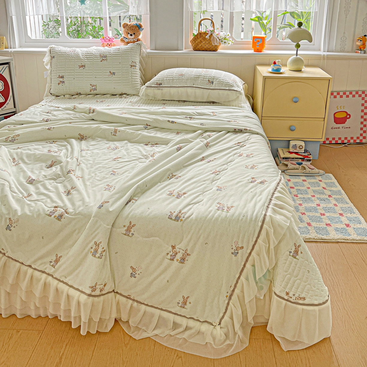 91家纺网 家纺一手货源 找家纺 富米莱单品馆 2026新款高奢维密花边冰肤格凉感夏凉被床盖夏被四件套 夏被床盖-青屿小兔