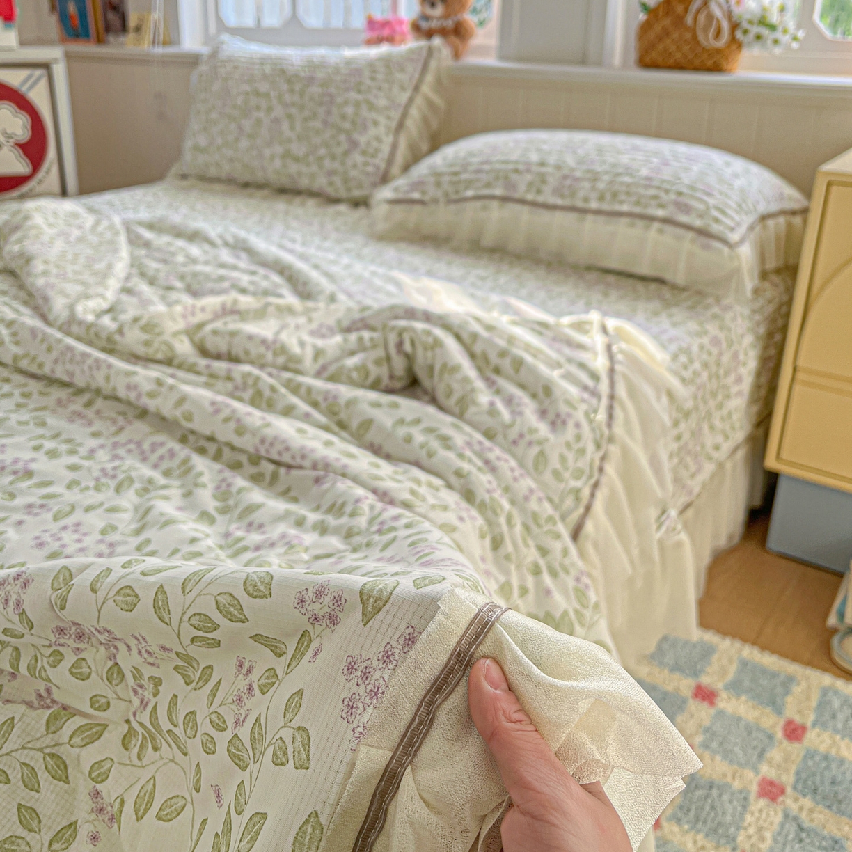 91家纺网 家纺一手货源 找家纺 富米莱单品馆 2026新款高奢维密花边冰肤格凉感夏凉被床盖夏被四件套 夏被床盖-青枝纳福