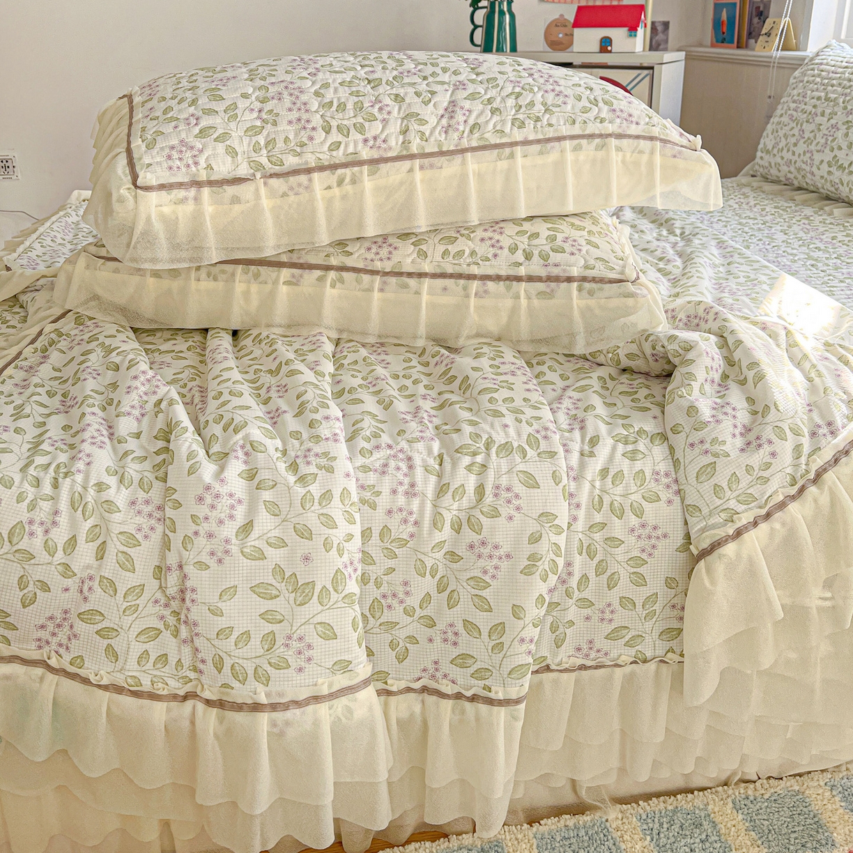 91家纺网 家纺一手货源 找家纺 富米莱单品馆 2026新款高奢维密花边冰肤格凉感夏凉被床盖夏被四件套 夏被床盖-青枝纳福