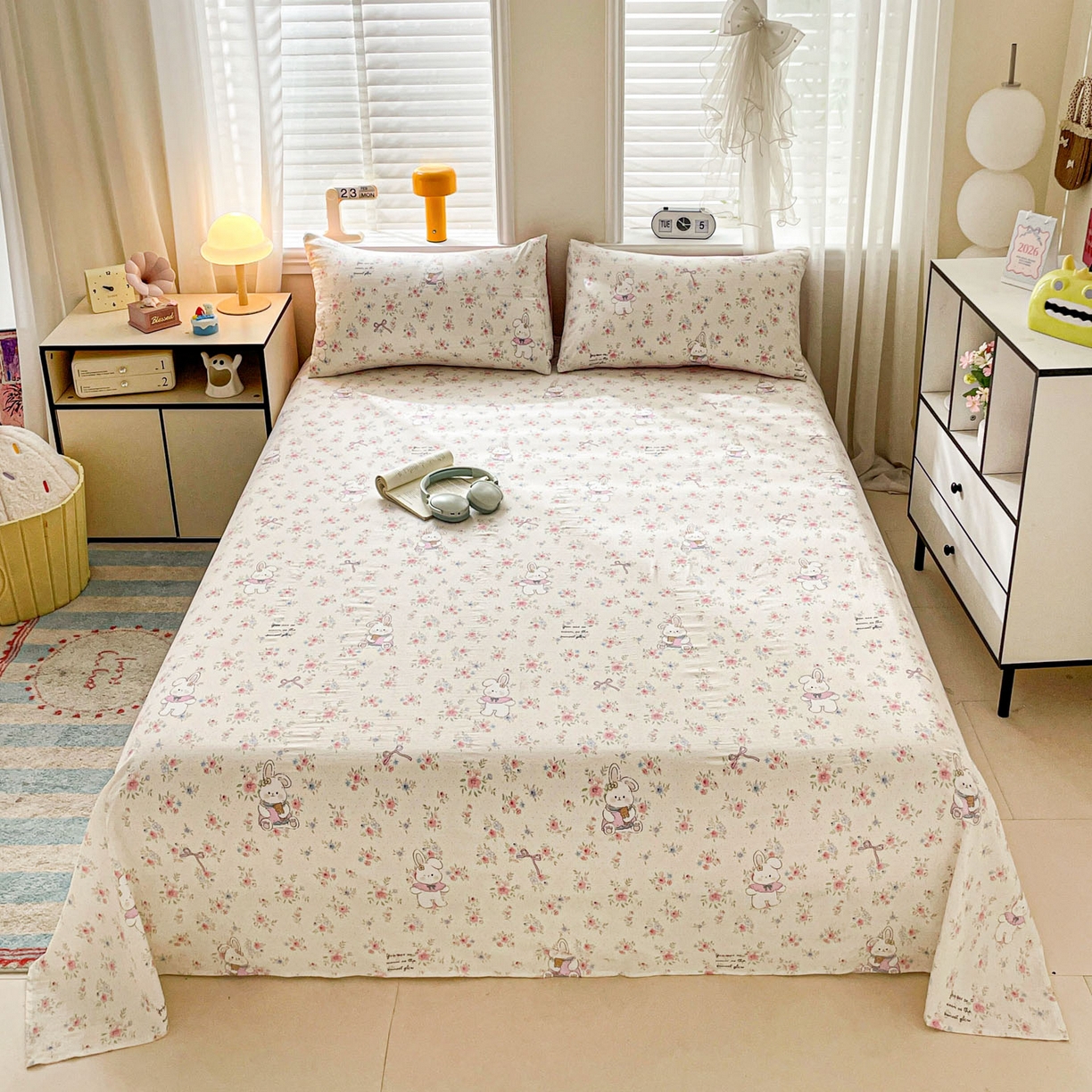 纽缦家纺 2026新款A类105g四件套古法水洗棉单床单床单单件 美丽小兔