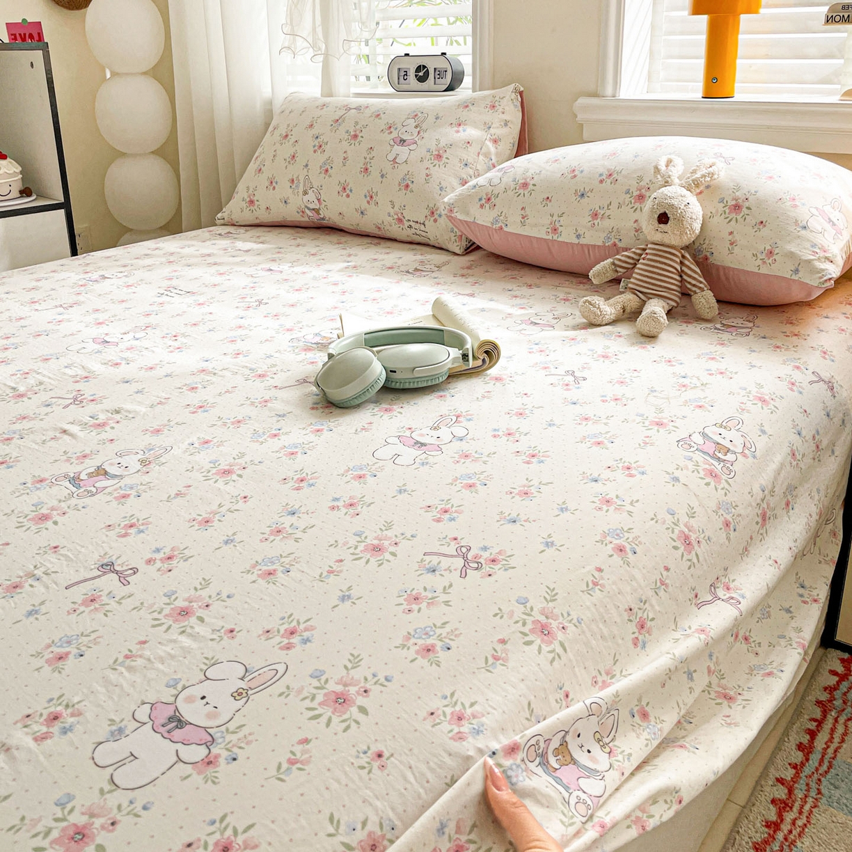 91家纺网 家纺一手货源 找家纺 纽缦家纺 2026新款A类105g四件套古法水洗棉单床单床单单件 美丽小兔