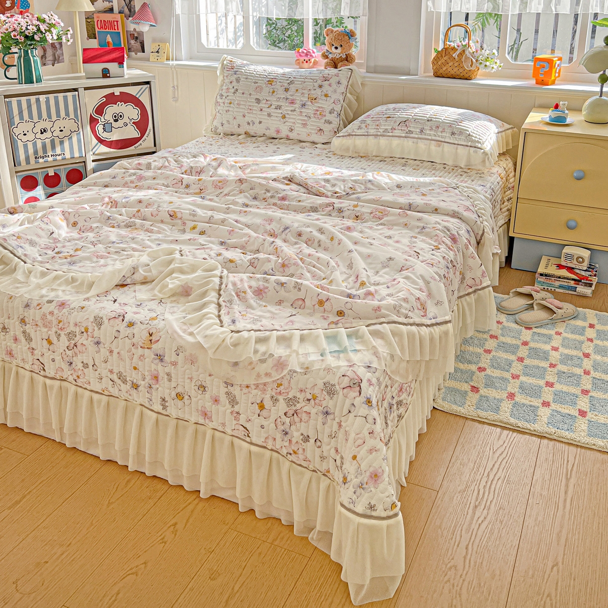 91家纺网 家纺一手货源 找家纺 富米莱单品馆 2026新款高奢维密花边冰肤格凉感夏凉被床盖夏被四件套 夏被床盖-清欢花屿