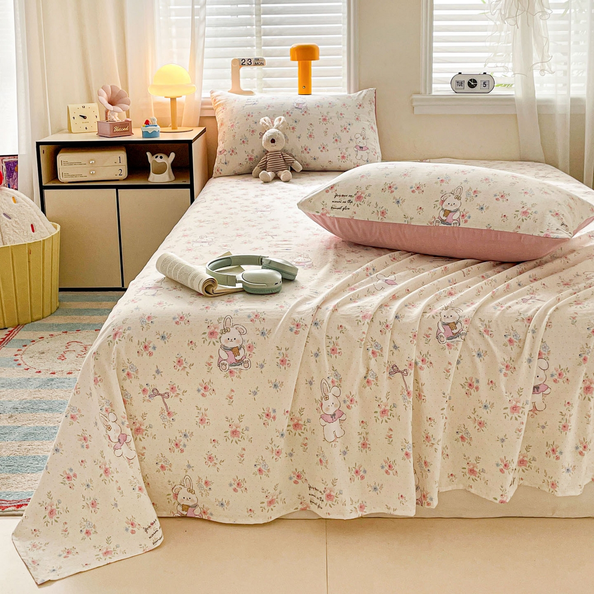 91家纺网 家纺一手货源 找家纺 纽缦家纺 2026新款A类105g四件套古法水洗棉单床单床单单件 美丽小兔