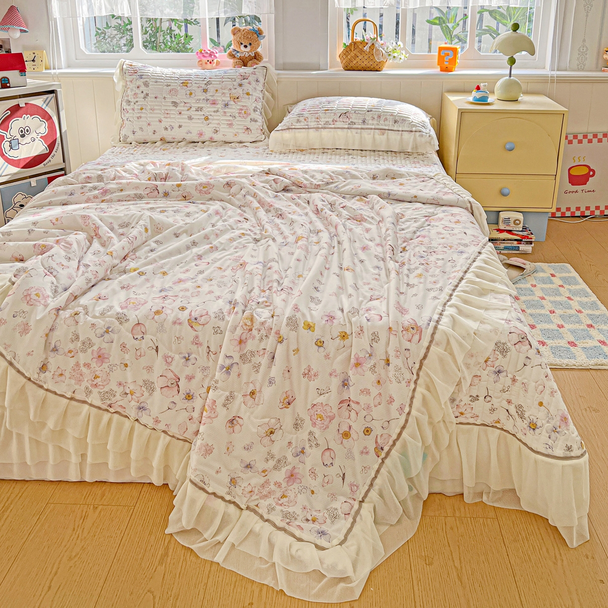 91家纺网 家纺一手货源 找家纺 富米莱单品馆 2026新款高奢维密花边冰肤格凉感夏凉被床盖夏被四件套 夏被床盖-清欢花屿