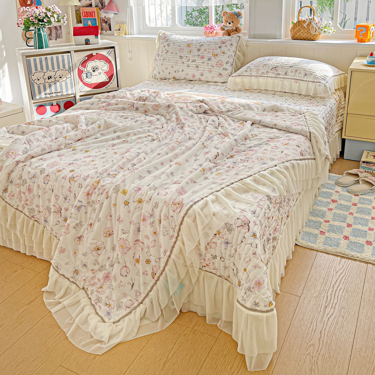 91家纺网 家纺一手货源 找家纺 富米莱单品馆 2026新款高奢维密花边冰肤格凉感夏凉被床盖夏被四件套 夏被床盖-清欢花屿