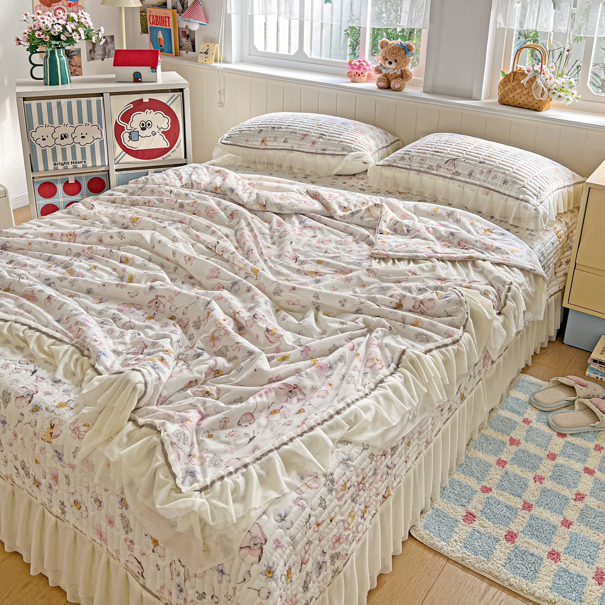 91家纺网 家纺一手货源 找家纺 富米莱单品馆 2026新款高奢维密花边冰肤格凉感夏凉被床盖夏被四件套 夏被床盖-清欢花屿