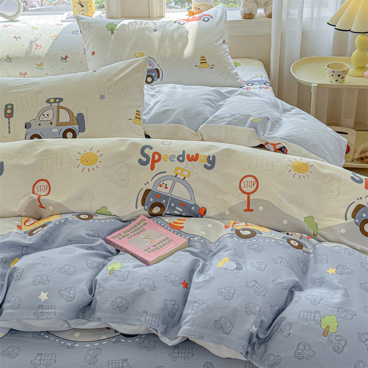 91家纺网 家纺一手货源 找家纺 女子家纺 2026新款全棉印花四件套系列 汽车嘟嘟