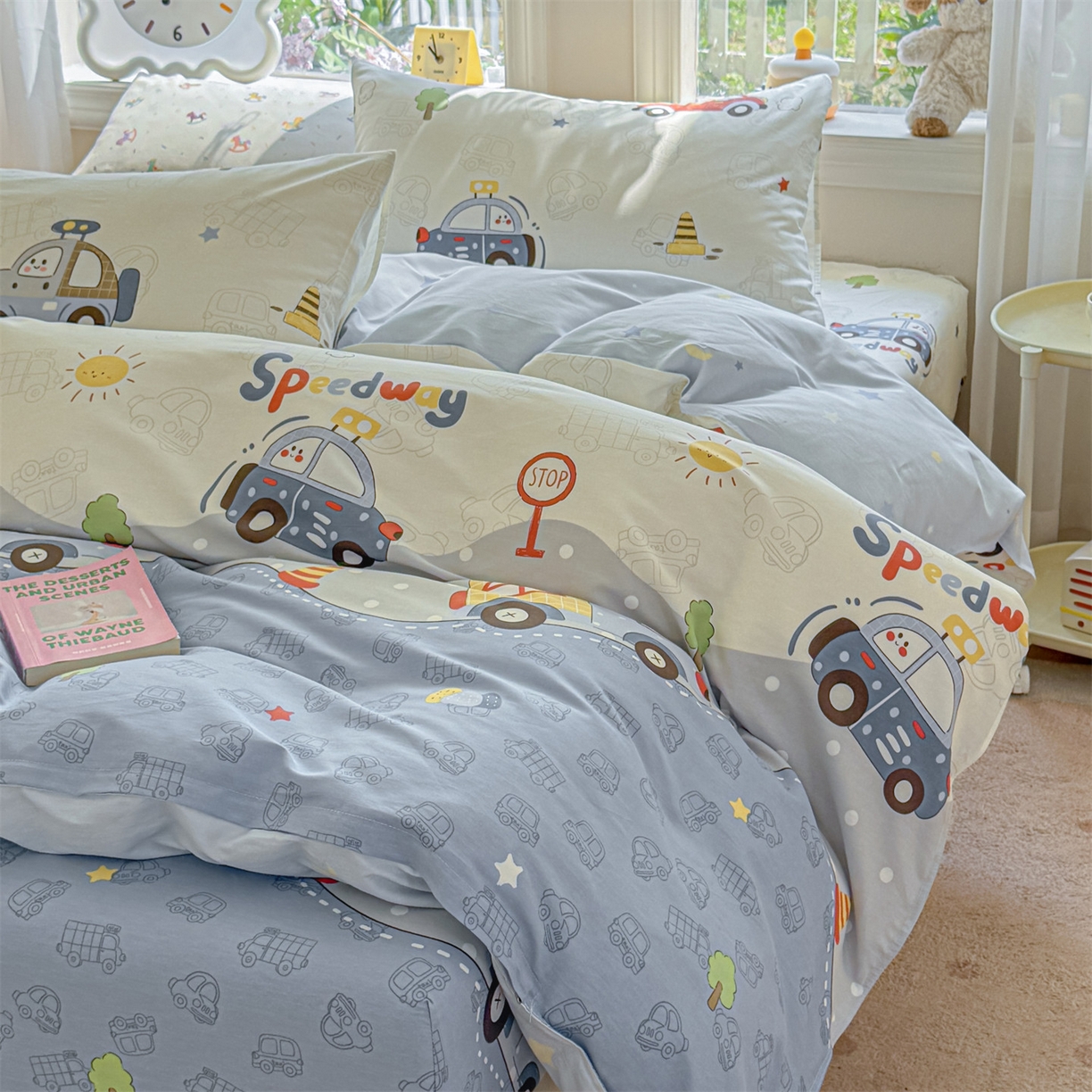 91家纺网 家纺一手货源 找家纺 女子家纺 2026新款全棉印花四件套系列 汽车嘟嘟