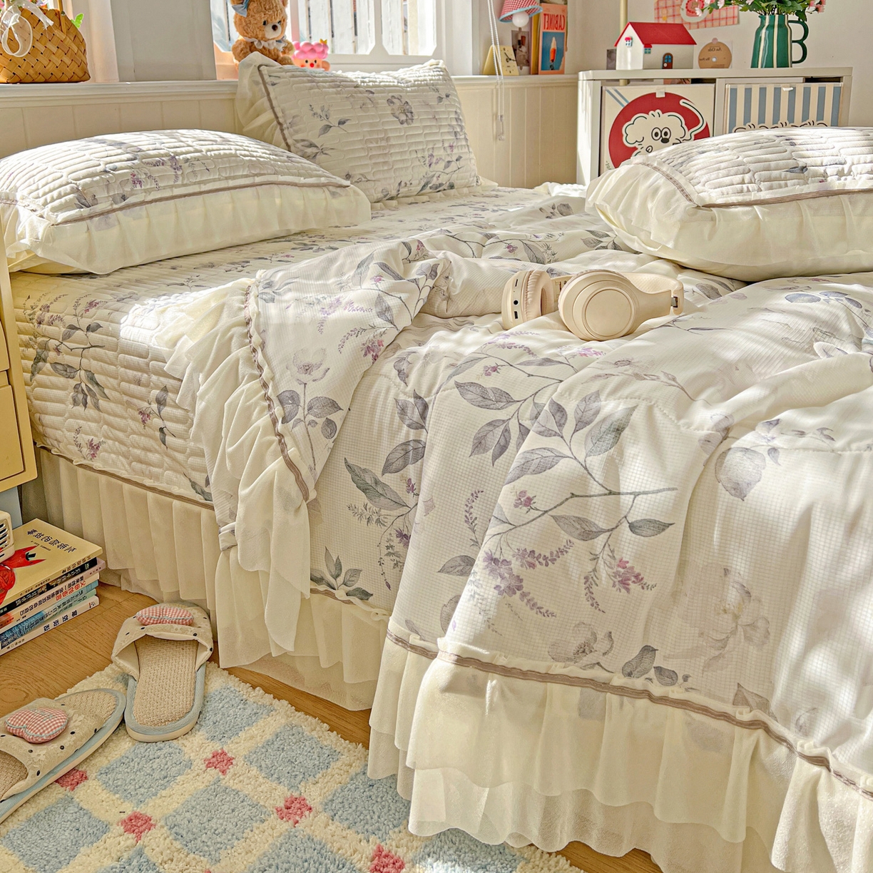 91家纺网 家纺一手货源 找家纺 富米莱单品馆 2026新款高奢维密花边冰肤格凉感夏凉被床盖夏被四件套 夏被床盖-水墨江南