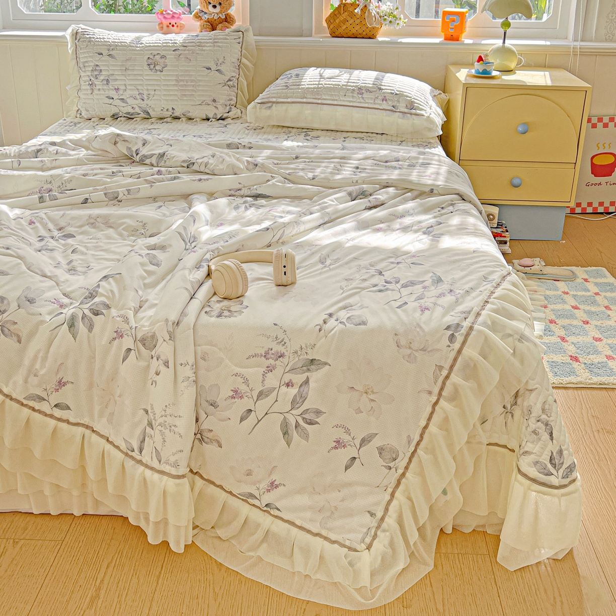 91家纺网 家纺一手货源 找家纺 富米莱单品馆 2026新款高奢维密花边冰肤格凉感夏凉被床盖夏被四件套 夏被床盖-水墨江南