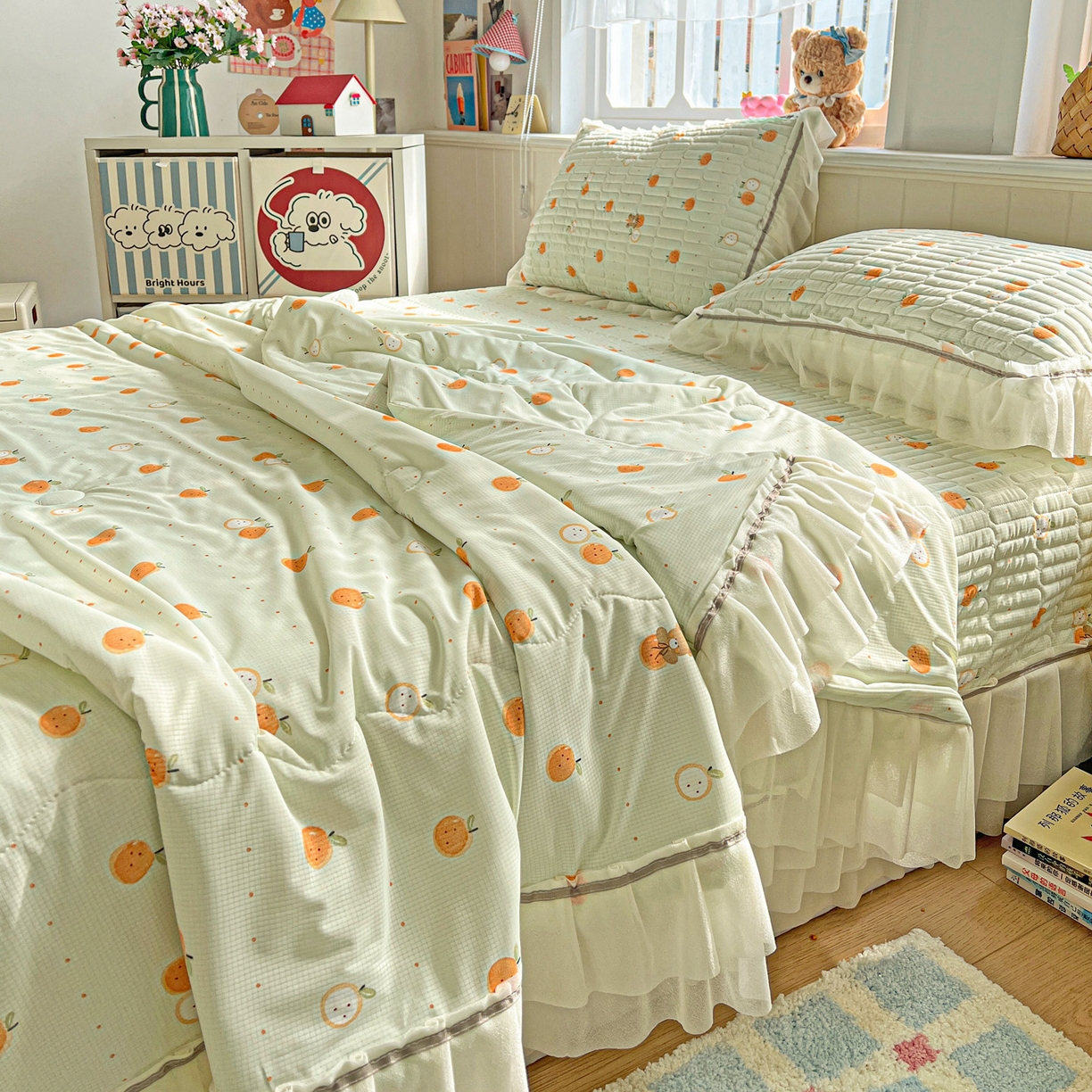 91家纺网 家纺一手货源 找家纺 富米莱单品馆 2026新款高奢维密花边冰肤格凉感夏凉被床盖夏被四件套 夏被床盖-小蜜橘