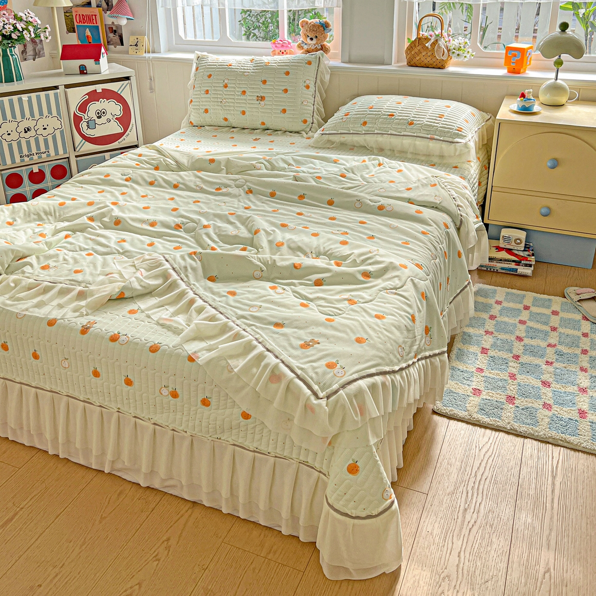 91家纺网 家纺一手货源 找家纺 富米莱单品馆 2026新款高奢维密花边冰肤格凉感夏凉被床盖夏被四件套 夏被床盖-小蜜橘