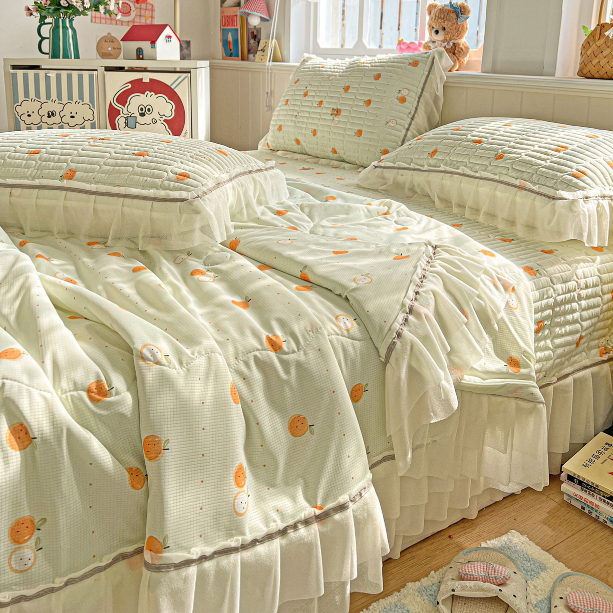 91家纺网 家纺一手货源 找家纺 富米莱单品馆 2026新款高奢维密花边冰肤格凉感夏凉被床盖夏被四件套 夏被床盖-小蜜橘