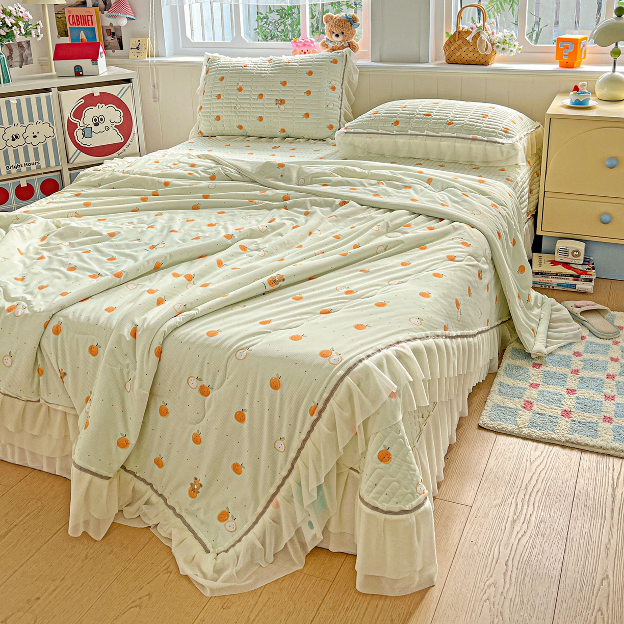 91家纺网 家纺一手货源 找家纺 富米莱单品馆 2026新款高奢维密花边冰肤格凉感夏凉被床盖夏被四件套 夏被床盖-小蜜橘