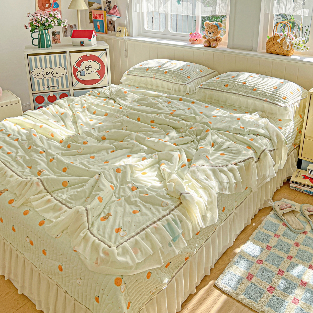 91家纺网 家纺一手货源 找家纺 富米莱单品馆 2026新款高奢维密花边冰肤格凉感夏凉被床盖夏被四件套 夏被床盖-小蜜橘