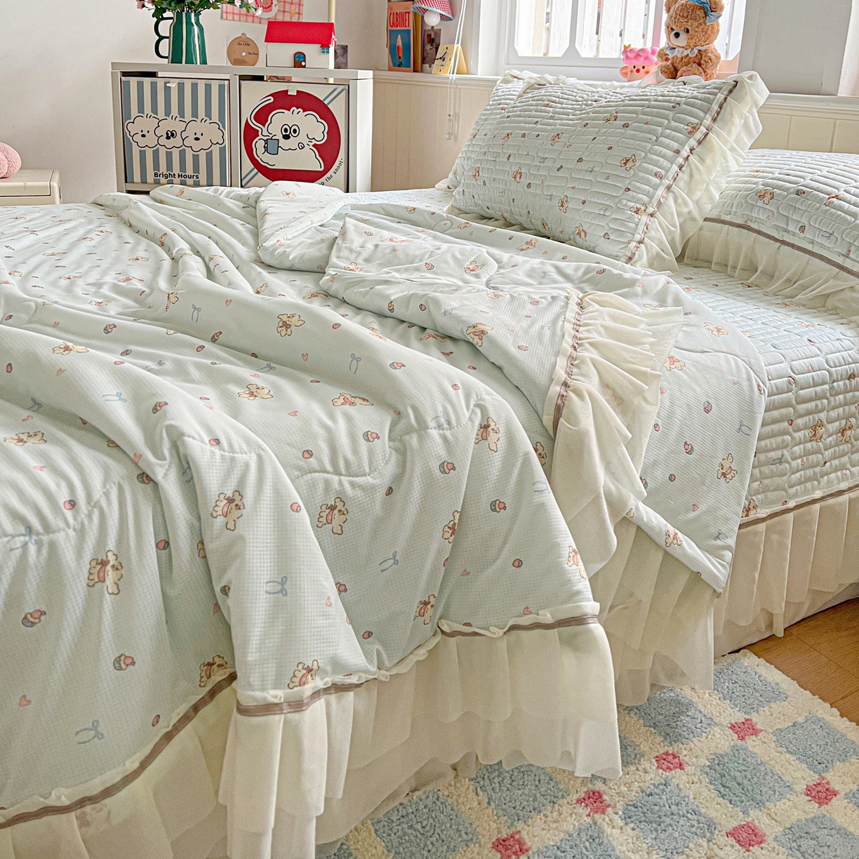 91家纺网 家纺一手货源 找家纺 富米莱单品馆 2026新款高奢维密花边冰肤格凉感夏凉被床盖夏被四件套 夏被床盖-熊来好运