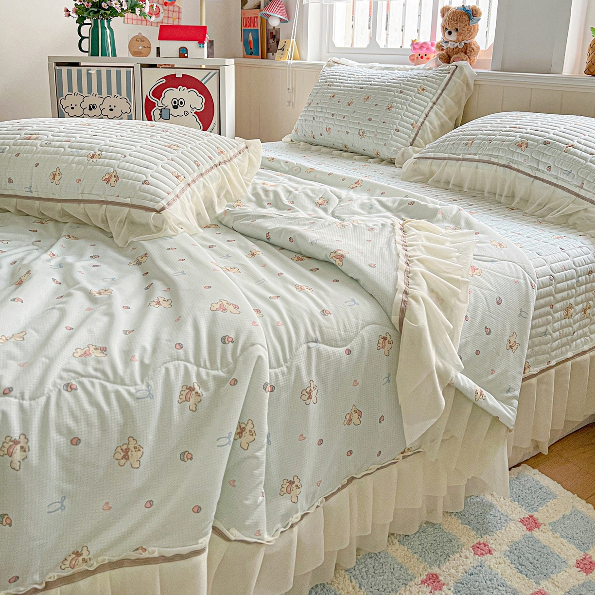 91家纺网 家纺一手货源 找家纺 富米莱单品馆 2026新款高奢维密花边冰肤格凉感夏凉被床盖夏被四件套 夏被床盖-熊来好运