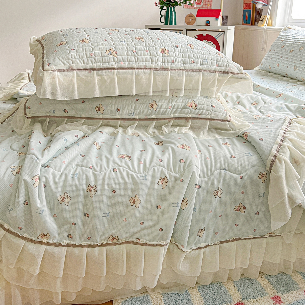 91家纺网 家纺一手货源 找家纺 富米莱单品馆 2026新款高奢维密花边冰肤格凉感夏凉被床盖夏被四件套 夏被床盖-熊来好运