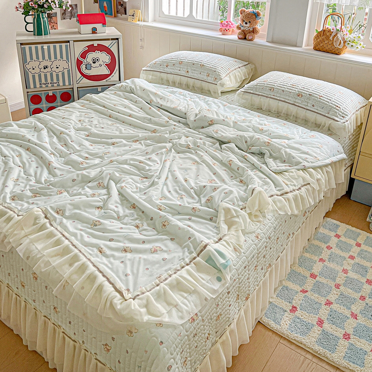 91家纺网 家纺一手货源 找家纺 富米莱单品馆 2026新款高奢维密花边冰肤格凉感夏凉被床盖夏被四件套 夏被床盖-熊来好运