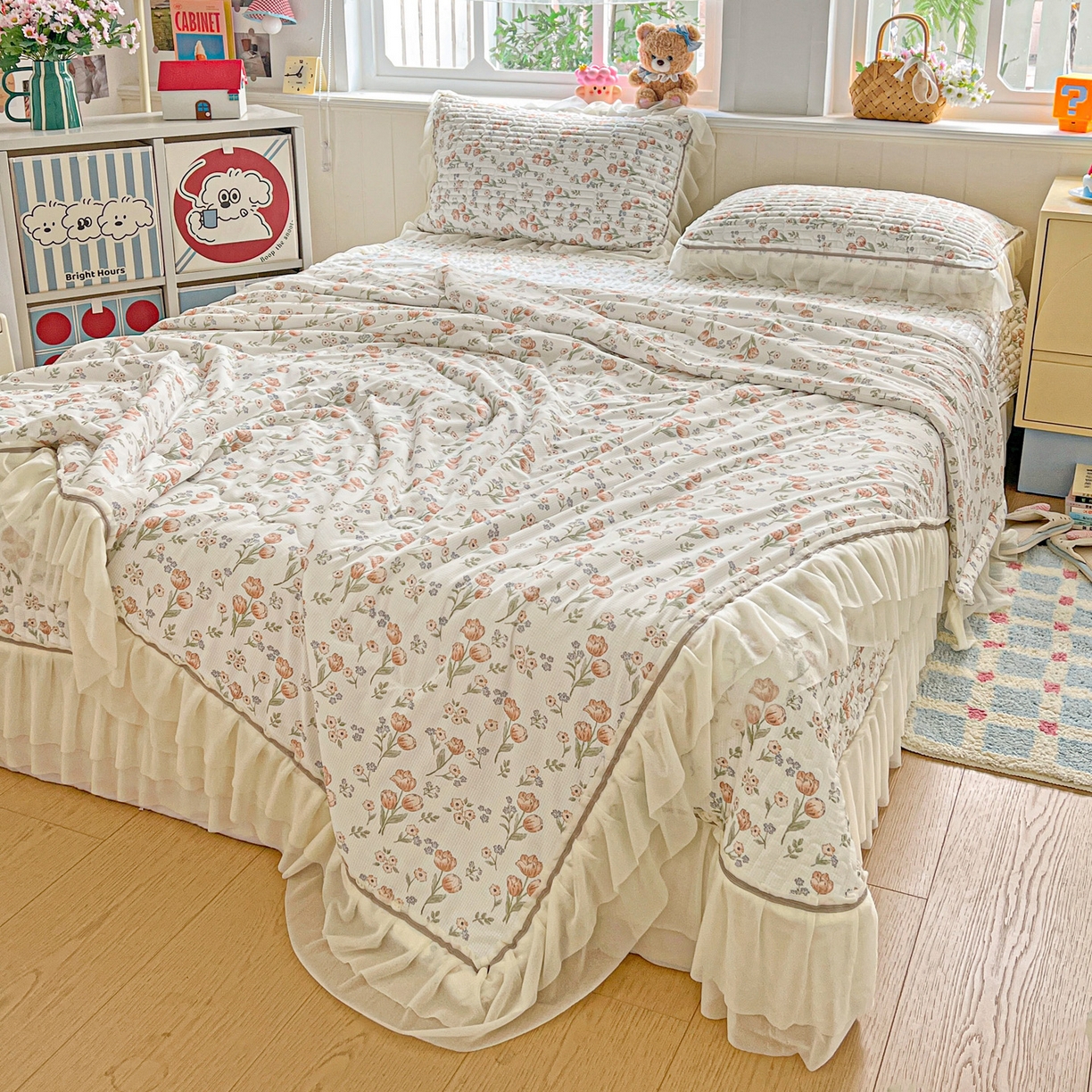 91家纺网 家纺一手货源 找家纺 富米莱单品馆 2026新款高奢维密花边冰肤格凉感夏凉被床盖夏被四件套 夏被床盖-郁金香