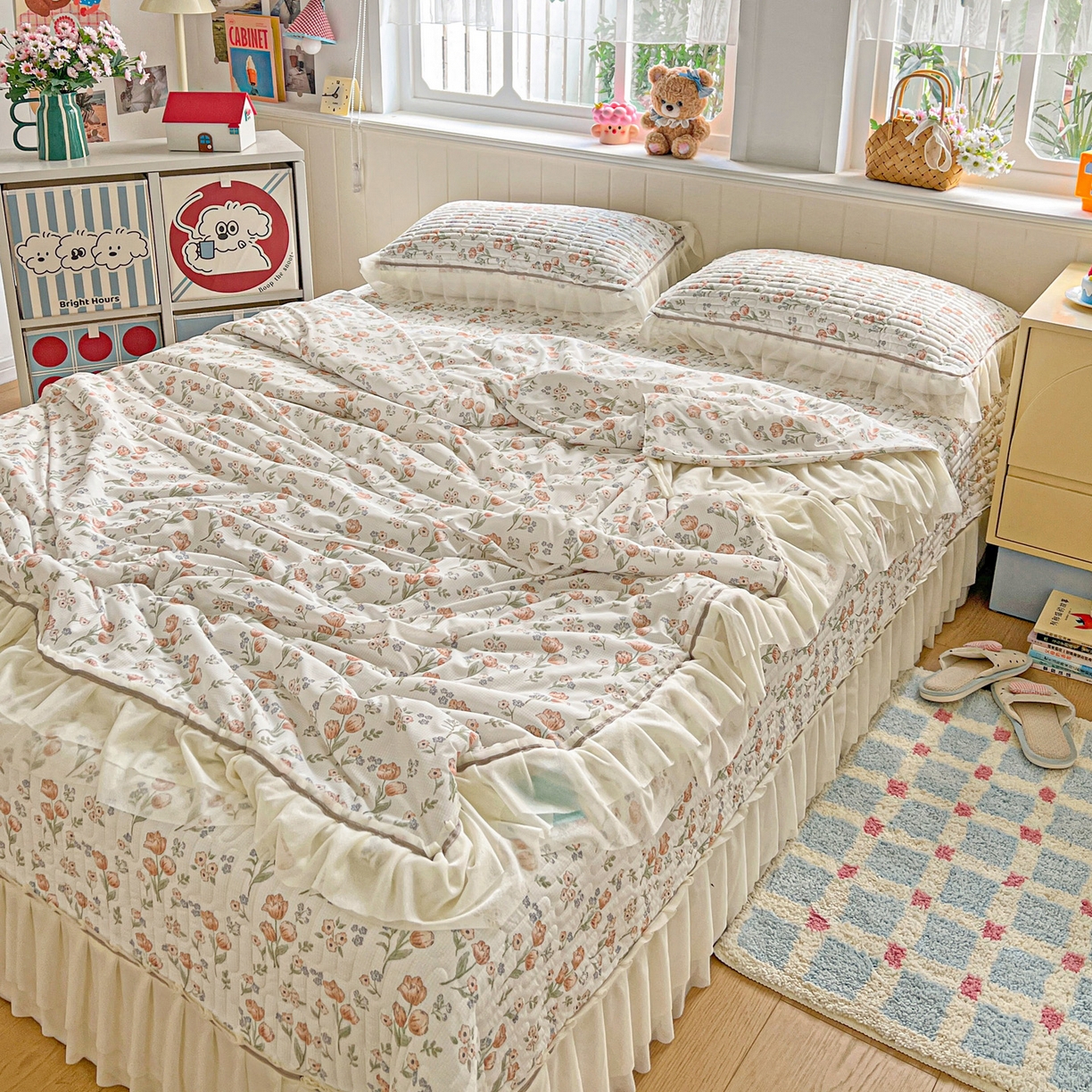 91家纺网 家纺一手货源 找家纺 富米莱单品馆 2026新款高奢维密花边冰肤格凉感夏凉被床盖夏被四件套 夏被床盖-郁金香