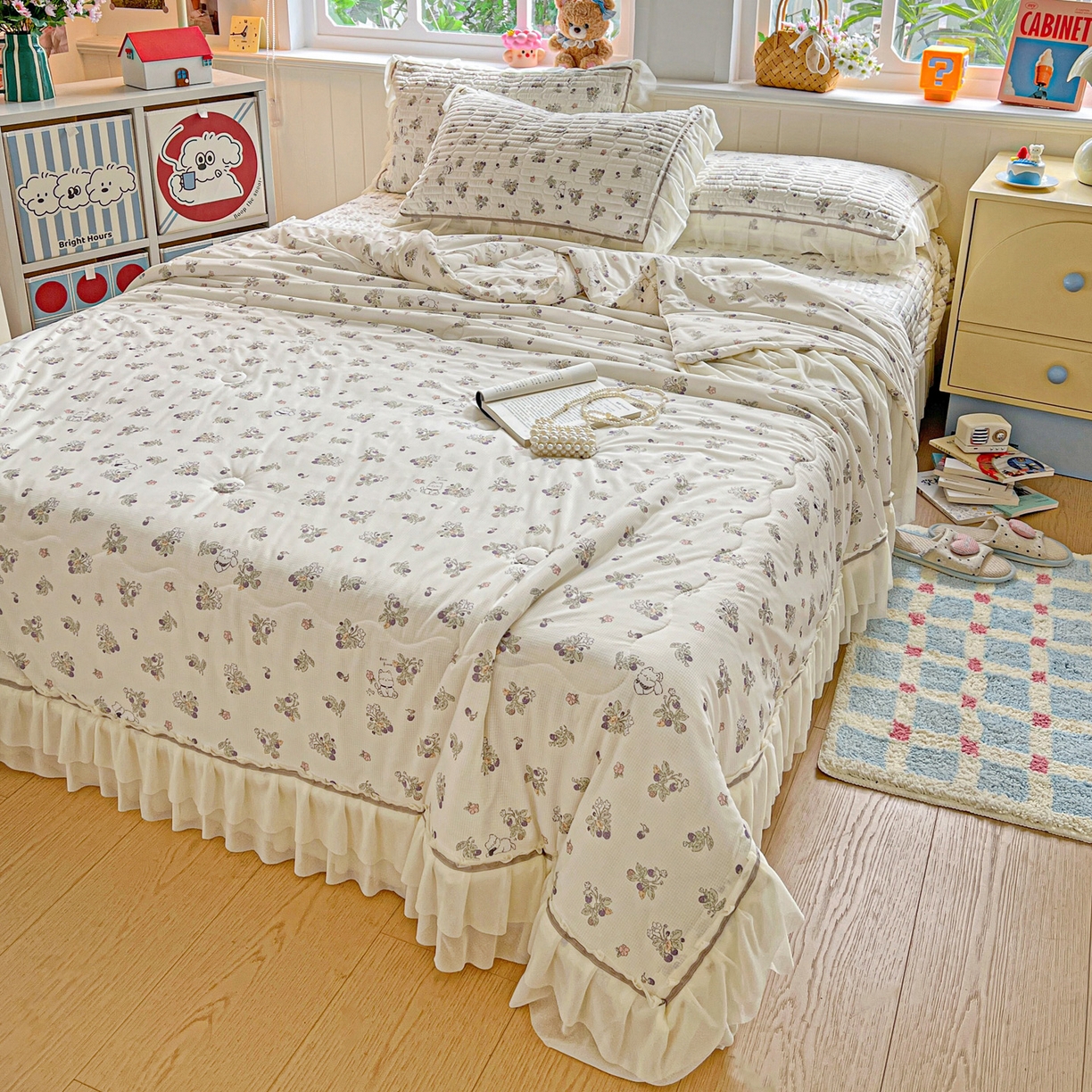 91家纺网 家纺一手货源 找家纺 富米莱单品馆 2026新款高奢维密花边冰肤格凉感夏凉被床盖夏被四件套 夏被床盖-紫花小猫