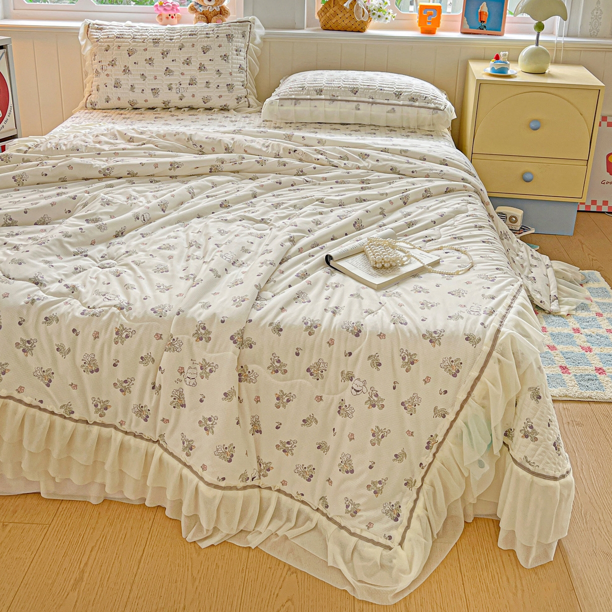 91家纺网 家纺一手货源 找家纺 富米莱单品馆 2026新款高奢维密花边冰肤格凉感夏凉被床盖夏被四件套 夏被床盖-紫花小猫