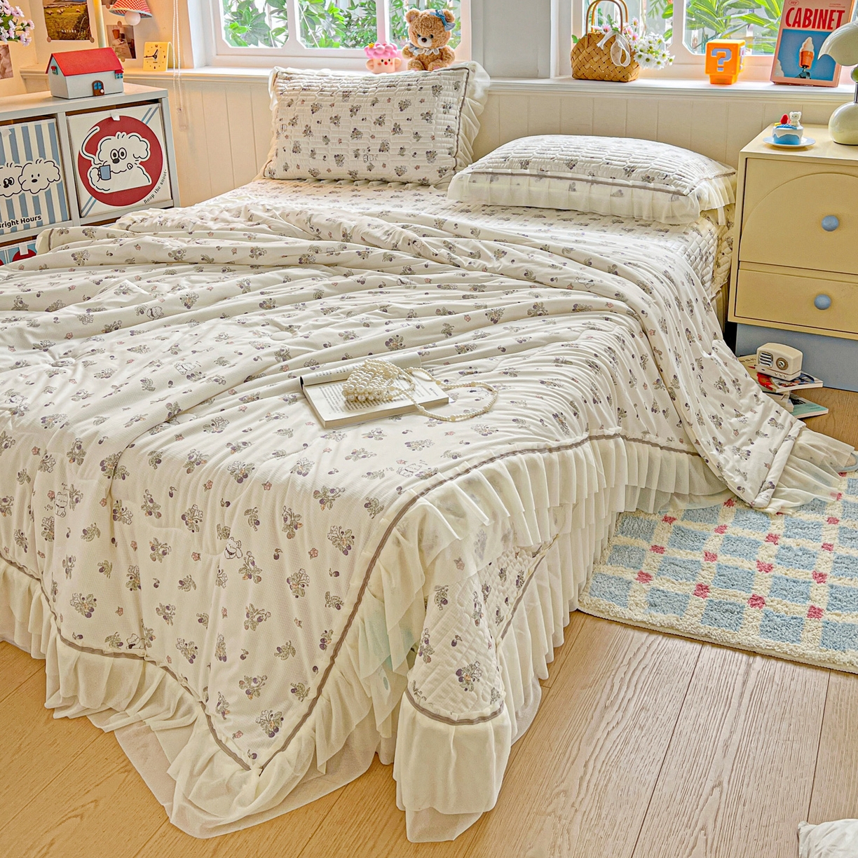 91家纺网 家纺一手货源 找家纺 富米莱单品馆 2026新款高奢维密花边冰肤格凉感夏凉被床盖夏被四件套 夏被床盖-紫花小猫