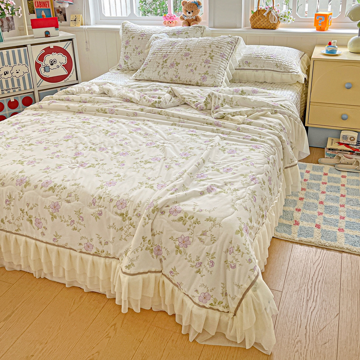 91家纺网 家纺一手货源 找家纺 富米莱单品馆 2026新款高奢维密花边冰肤格凉感夏凉被床盖夏被四件套 夏被床盖-紫雾花田