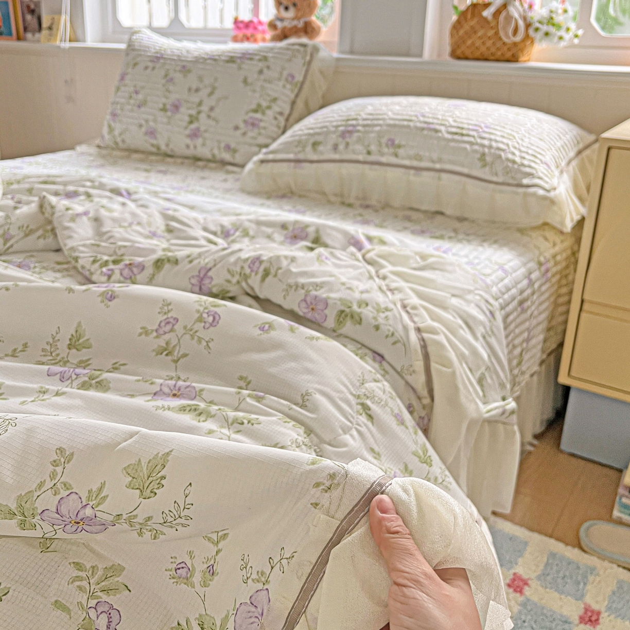 91家纺网 家纺一手货源 找家纺 富米莱单品馆 2026新款高奢维密花边冰肤格凉感夏凉被床盖夏被四件套 夏被床盖-紫雾花田