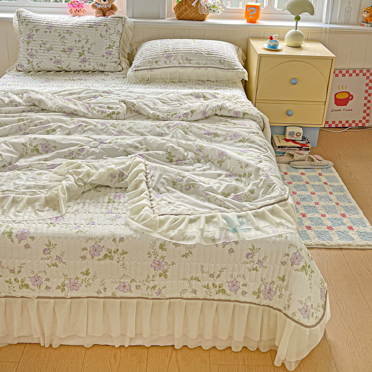 91家纺网 家纺一手货源 找家纺 富米莱单品馆 2026新款高奢维密花边冰肤格凉感夏凉被床盖夏被四件套 夏被床盖-紫雾花田