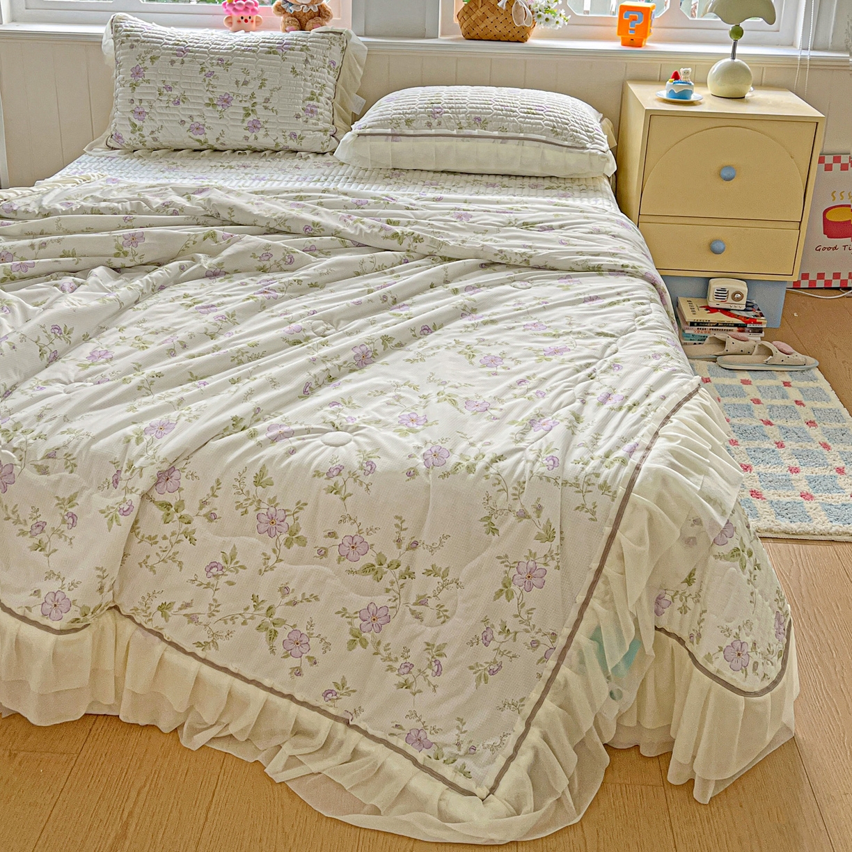 91家纺网 家纺一手货源 找家纺 富米莱单品馆 2026新款高奢维密花边冰肤格凉感夏凉被床盖夏被四件套 夏被床盖-紫雾花田