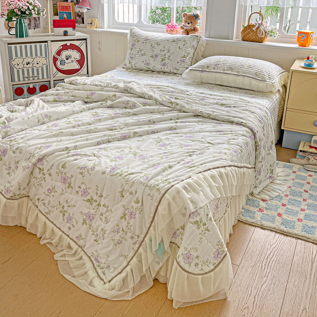 91家纺网 家纺一手货源 找家纺 富米莱单品馆 2026新款高奢维密花边冰肤格凉感夏凉被床盖夏被四件套 夏被床盖-紫雾花田