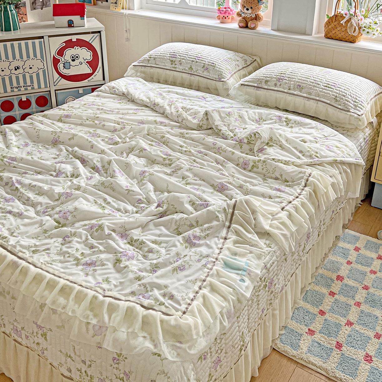 91家纺网 家纺一手货源 找家纺 富米莱单品馆 2026新款高奢维密花边冰肤格凉感夏凉被床盖夏被四件套 夏被床盖-紫雾花田