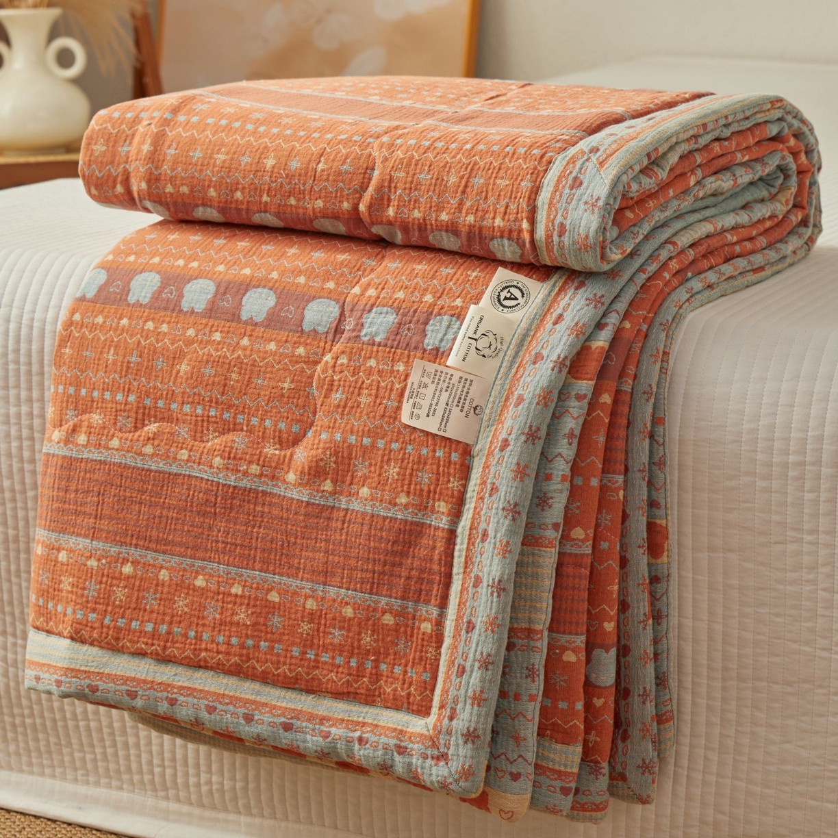 睡棉坊 2026新款全棉色织提花双层纱夏被全棉夏凉被里外全棉天然棉花被 费尔岛兔-桔蓝