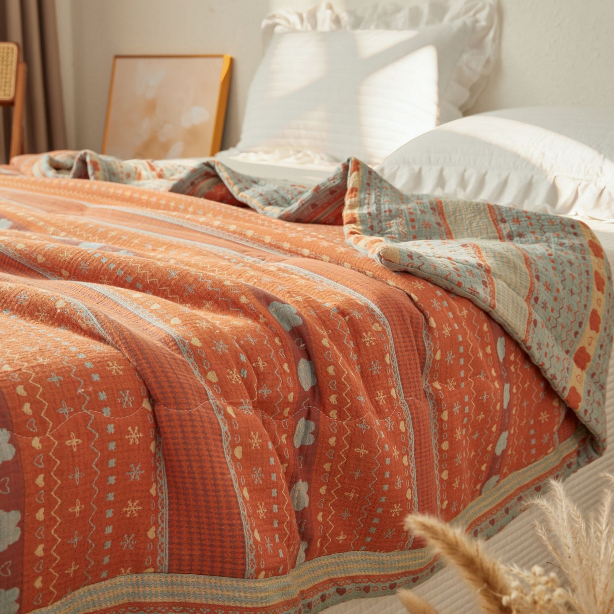 91家纺网 家纺一手货源 找家纺 睡棉坊 2026新款全棉色织提花双层纱夏被全棉夏凉被里外全棉天然棉花被 费尔岛兔-桔蓝