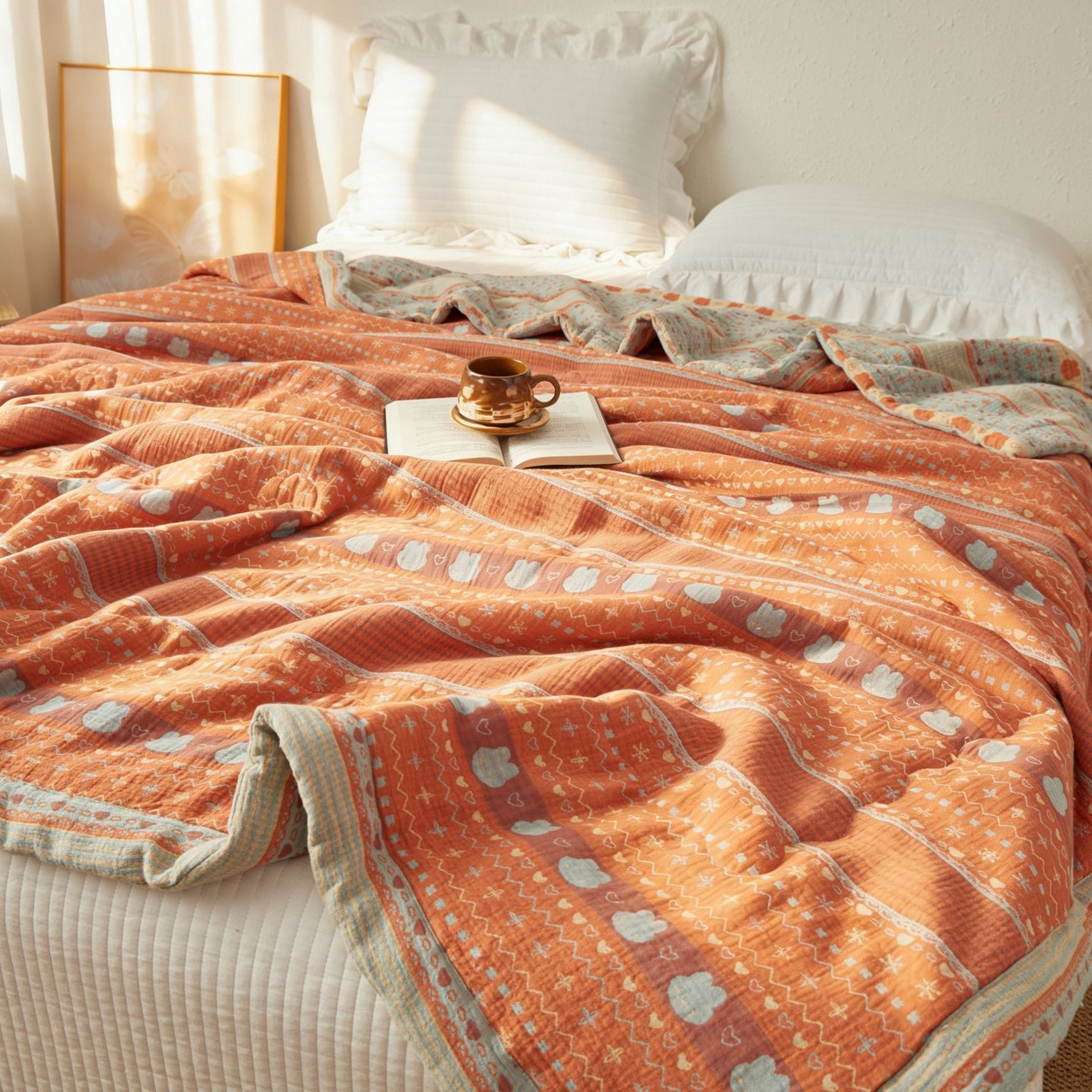 91家纺网 家纺一手货源 找家纺 睡棉坊 2026新款全棉色织提花双层纱夏被全棉夏凉被里外全棉天然棉花被 费尔岛兔-桔蓝