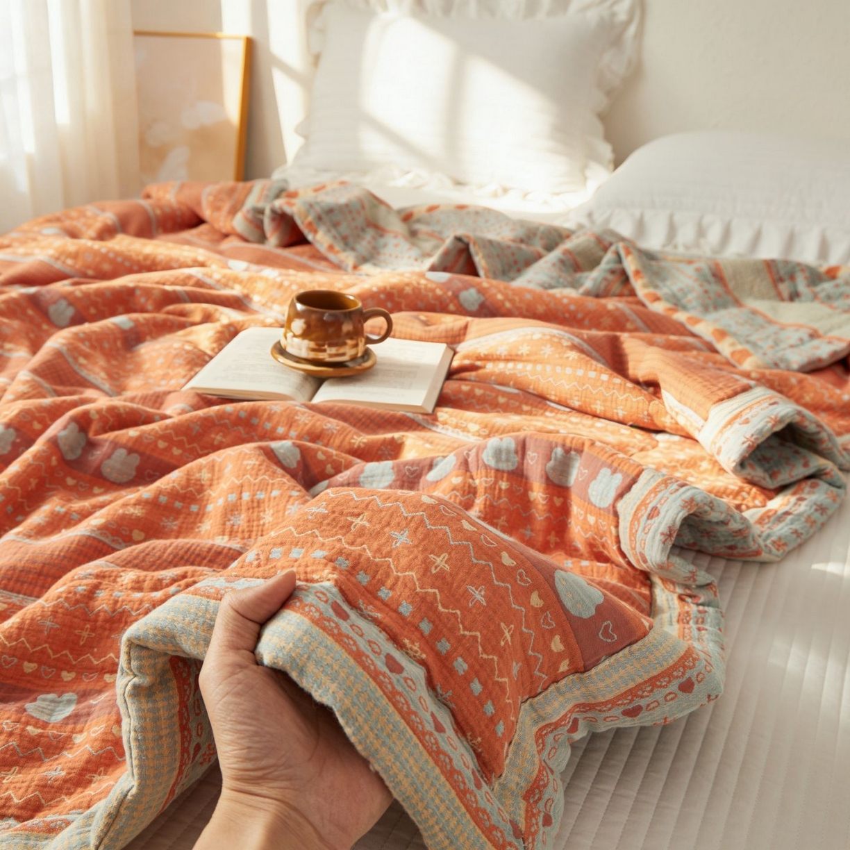 91家纺网 家纺一手货源 找家纺 睡棉坊 2026新款全棉色织提花双层纱夏被全棉夏凉被里外全棉天然棉花被 费尔岛兔-桔蓝