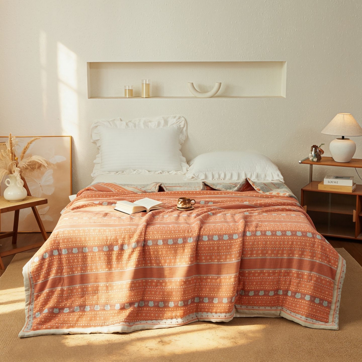 91家纺网 家纺一手货源 找家纺 睡棉坊 2026新款全棉色织提花双层纱夏被全棉夏凉被里外全棉天然棉花被 费尔岛兔-桔蓝