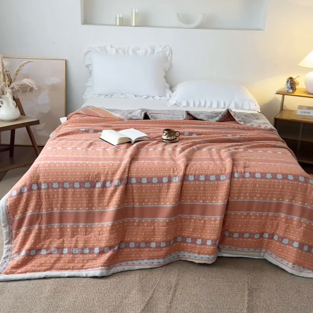 91家纺网 家纺一手货源 找家纺 睡棉坊 2026新款全棉色织提花双层纱夏被全棉夏凉被里外全棉天然棉花被 费尔岛兔-桔蓝