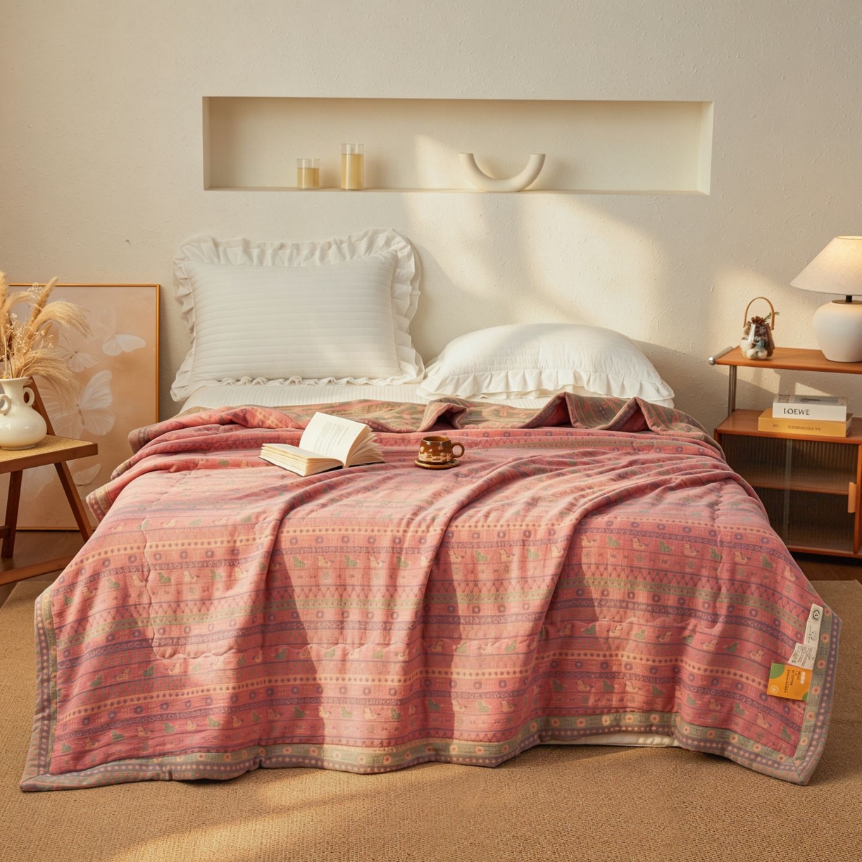 91家纺网 家纺一手货源 找家纺 睡棉坊 2026新款全棉色织提花双层纱夏被全棉夏凉被里外全棉天然棉花被 吉祥小马-粉